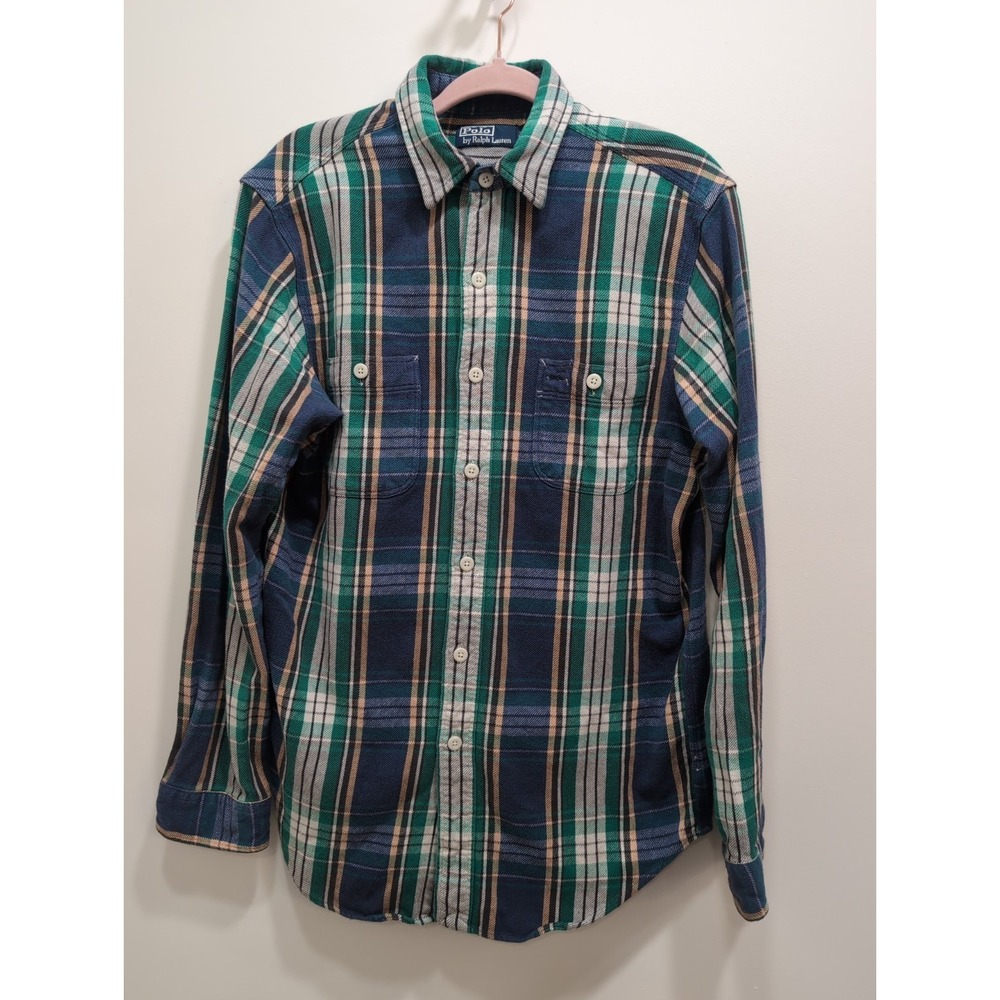 Vtg 90s Y2K Polo Ralph Lauren Green Plaid Button Down Work Shirt‎ Men's Size M